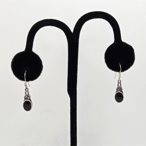 Vintage Sterling Silver Earrings Black Enamel Dangle Filigree Boho Dainty Twee - Picture 12 of 13